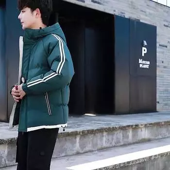 2025 Новый мужской пуховик в полоску Парки Подростковое толстое свободное пальто Осенне-зимняя одежда Толстовка с капюшоном Пальто Верхняя одежда для мужчин M зелёный