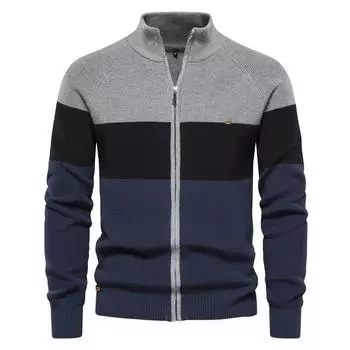 2025 Новый осенне-зимний свитер в стиле пэчворк для мужчин, кардиганы на молнии для мужчин, высококачественный молодежный мужской хлопковый свитер S 55-65 kg темно-синий