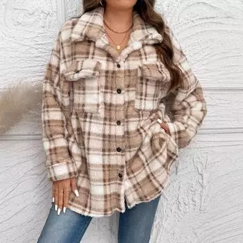 2025 Новый плюшевый клетчатый кардиган на пуговицах Свободная повседневная куртка для женщин S светло-коричневого