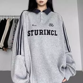 2025 Новый Поло-Свитшот со Структурированным Плечом Винтажный Колледж Оверсайз Полосатый Пальто Пэчворк Верх Отворот M