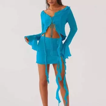 2025 новый популярный сексуальный модный комплект из двух предметов с оборками и шнуровкой, с длинными рукавами XS фиолетовый