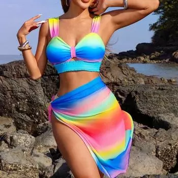 2025 Новый Радужный Постепенный Изменение Тройной Женский Купальник Бикини Пляжный Курорт Приморский Бикини Spot S