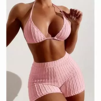 2025 новый раздельный купальник бикини однотонный купальник с высокой талией боксеры тонкий бикини сексуальный ebay S белый