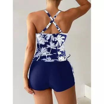 2025 новый раздельный купальник боксеры танкини купальник с принтом кокосовой пальмы S оранжевый