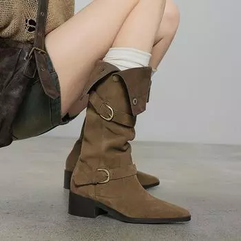 2025 Новый размер 34-40 Сапоги до колена для женщин Натуральная кожа коровья замша квадратный каблук зимняя обувь женские длинные высокие сексуальные сапоги 34 чёрный