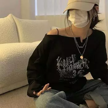 2025 Новый ретро-топ с буквенным принтом, весна-лето, однотонная футболка без бретелек с длинным рукавом, свободный топ M чёрный