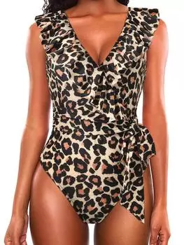 2025 Новый сексуальный цельный купальник с оборками для женщин, купальники больших размеров, женские бандажные купальные костюмы, летняя пляжная одежда, монокини, купальники S коричневый