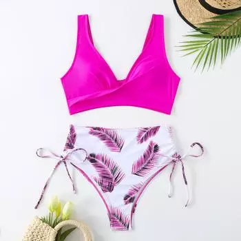 2025 новый сексуальный раздельный купальник бикини с высокой талией, узкий купальник с принтом в разноцветных тонах S чёрный