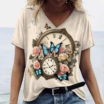 2025 Новый стиль женская футболка летняя футболка с цветочным принтом женская одежда большой размер дизайнерская футболка с коротким рукавом и V-образным вырезом блузка S