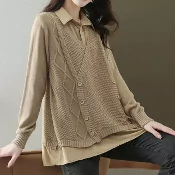 2025 Новый свободный верх женский осенний вязаный свитер средней длины M тёмно-синий