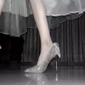 2025 новый тонкий каблук 18-летний взрослый подарок блестки бриллианты кристалл бант свадебное платье свадебные туфли на высоком каблуке 34