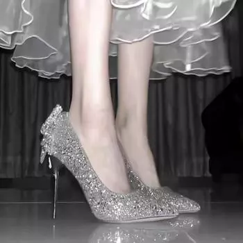 2025 новый тонкий каблук 18-летний взрослый подарок кристаллы блестки бриллиантовый бант свадебное платье свадебные туфли на высоком каблуке 34
