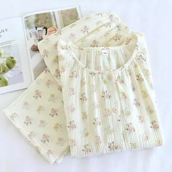 2025 Новый весенне-летний женский пижамный комплект из 100% хлопкового крепа с длинными рукавами и брюками с круглым вырезом, комплект из двух предметов Fresh Home Fury M покинуть белый