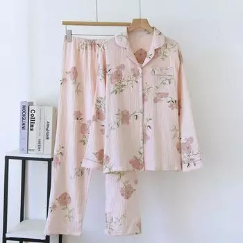 2025 Новый весенне-осенний женский пижамный комплект из 100% хлопкового крепа с длинным рукавом и длинными брюками из двух предметов для дома и сна M
