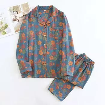 2025 Новый весенне-осенний женский пижамный комплект из 100% хлопка с жаккардовым воротником и цветочным узором, длинные рукава, длинные брюки, домашняя одежда из двух предметов M