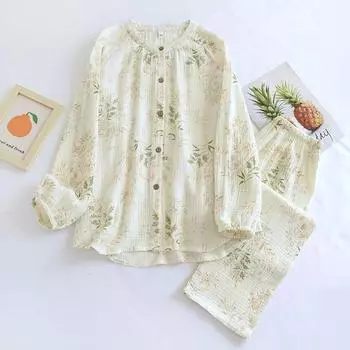 2025 Новый весенне-осенний женский пижамный комплект из 100% хлопкового крепа с длинными рукавами и длинными брюками, комплект из двух предметов, воротник-стойка, домашняя одежда M