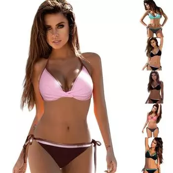 2025 Новый женский 2 предмета сексуальный халтер шея высокий вырез стринги купальник комплект бикини пуш-ап шнуровка купальники купальные костюмы пляжная одежда S