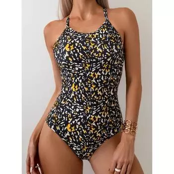 2025 Новый женский цельный купальник с принтом, сексуальный, облегающий, монокини, бикини, пляжный, для отдыха, с перекрестными повязками и открытой спиной S зелёный