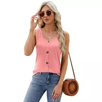 2025 Новый женский круглый вырез с пуговицами, однотонный повседневный топ без рукавов для повседневного многослойного ношения S розовый