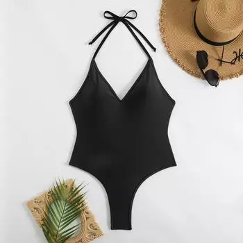 2025 новый женский однотонный купальник с вырезом на шее, бикини, сексуальный модный купальник с открытой спиной S чёрный
