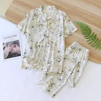 2025 Новый женский пижамный комплект весна/лето с тонкими короткими рукавами из вязкого волокна и длинными брюками, комплект из двух предметов для обустройства дома M