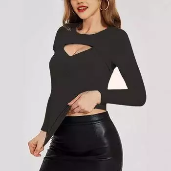 2025 новый женский топ с длинными рукавами, сексуальная трикотажная облегающая футболка S чёрный