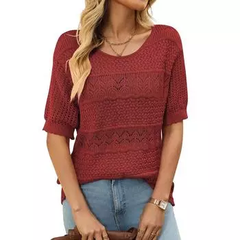 2025 Новый женский топ с круглым вырезом, кружевной вязанный крючком, сексуальный летний свитер с короткими рукавами, дышащие свободные повседневные топы в стиле бохо Y2K S красный