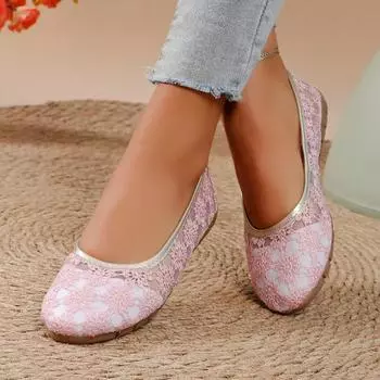 2025 Обувь больших размеров Женская обувь на плоской подошве для женщин, повседневная обувь на плоской подошве с кружевной вышивкой и круглым носком, мягкая подошва, женская обувь 35 чёрный