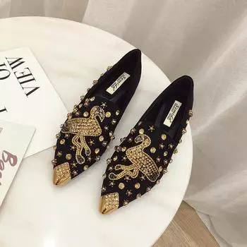 2025 Обувь для женщин Плоская обувь Трендовая повседневная обувь Crystal Bird Удобные модные заклепки с острым носком Мокасины без застежек 35 чёрный