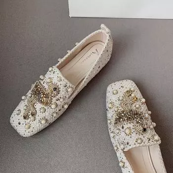 2025 Обувь для женщин Плоская обувь Трендовая повседневная обувь с перламутровыми кристаллами и птицами Модные мокасины с квадратным носком 35 чёрный