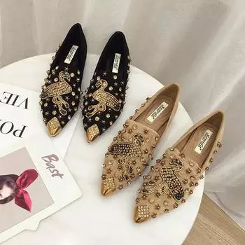 2025 Обувь для женщин Плоская обувь Трендовая повседневная обувь Crystal Bird Удобные модные заклепки с острым носком Мокасины без застежек 35 чёрный