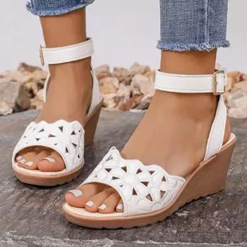 2025 Обувь для женщин, женские сандалии с обхватом щиколотки, повседневные сандалии больших размеров, женские туфли на танкетке с пряжкой и ремешком, с открытым носком, женские 36 белый