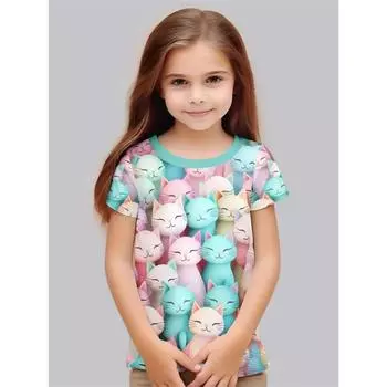 2025 Одежда для девочек Милые животные Мультфильм Кот 3D Принт Модные повседневные футболки Смешные футболки для девочек Летний топ с короткими рукавами 100