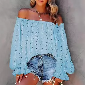 2025 однотонная шифоновая рубашка с открытыми плечами, рукав-фонарик, ажурный топ с длинными рукавами, женский ажурный воротник S белый