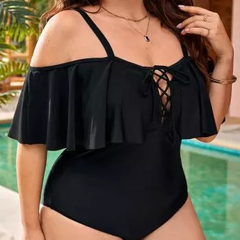 2025 однотонный купальник большого размера с бретельками для женщин Verge Push Up Large One Piece Swimsuit Backless Chubby Big Bathing Suit 0XL чёрный