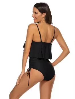 2025 однотонный женский сексуальный купальник с бретельками и большими оборками по краю, слитный треугольный купальник для женщин S чёрный