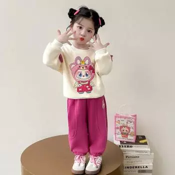 2025 Осень Девочки Мультяшный Тканевый Худи Комплект Западный Стиль Детский ДЕВОЧКИ Милый Модный Повседневный Кружевной Комплект из двух предметов Picture color Suit 90cm