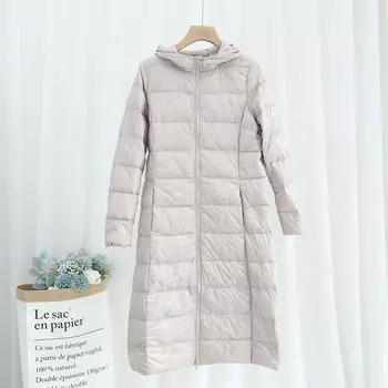 2025 Осень и зима Новая легкая куртка-пуховик женская средняя и длинная, выше колена, удлиненная, с капюшоном, облегающая, тонкая куртка корейской версии M