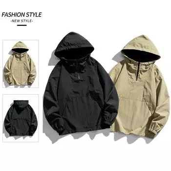 2025 Осень и зима Новая мужская ветровка с капюшоном Модный повседневный спортивный стиль с полумолнией и капюшоном Пальто M чёрный