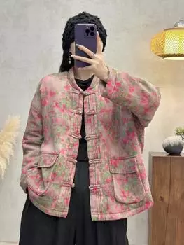 2025 осень и зима новая ретро этническая куртка хлопок и лен принт хлопок ватин дисковая пряжка повседневная свободная большой размер верхняя одежда женская one size fits all розовый