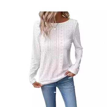 2025 осень и зима новая сетчатая женская одежда жаккардовый круглый вырез повседневная футболка с длинными рукавами топ S белый