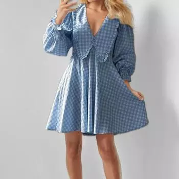 2025 осень и зима новая женская одежда темперамент пригородный кукольный воротник клетчатое платье с длинными рукавами S розовый