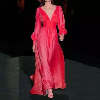 2025 осень и зима новая женская одежда модная и сексуальная темпераментная глубокий V-образный вырез однотонное платье платье S жёлтый