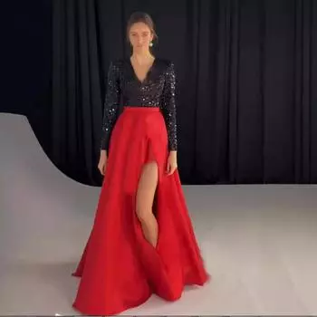 2025 осень и зима новая женская одежда платье с разрезом и пайетками длинное платье свадебное платье с V-образным вырезом и длинными рукавами S красный