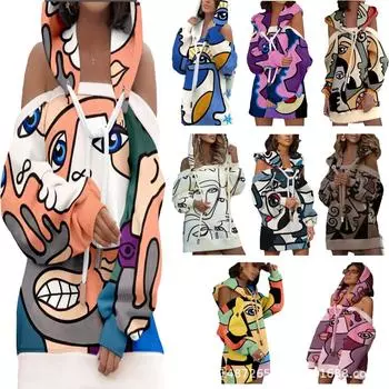 2025 осень и зима новая женская одежда набивной флис средней и длинной длины сращивание свободный с открытыми плечами с капюшоном длинный рукав свитер женский One Size