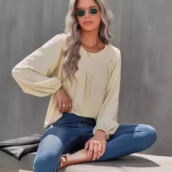 2025 осень и зима новая женская одежда однотонная свободная рубашка с круглым вырезом большого размера S чёрный