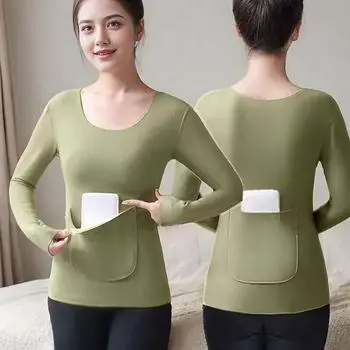 2025 осень и зима новое немецкое бархатное термобелье с двумя карманами женское бесшовное нижнее белье с длинными рукавами бархатная осенняя одежда L80-50 kg чёрный