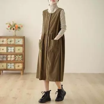 2025 осень и зима новое ретро вельветовое платье-жилет женская свободная и универсальная повседневная бархатная юбка на бретелях M зелёный