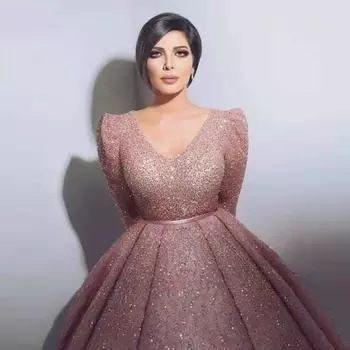 2025 осень и зима новое женское длинное платье с длинным рукавом V-образным вырезом золотое посыпанное платье пудровый корень лотоса облегающее платье S