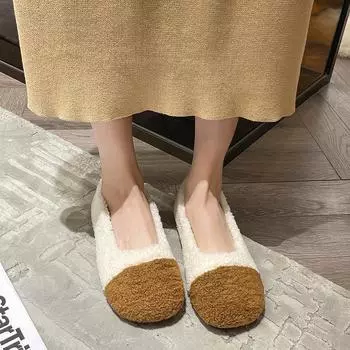 2025 осень и зима новые бархатные шапочки-бини с одной педалью, пушистые туфли, женские туфли из хлопка на плоской подошве с мягкой подошвой 35 хаки
